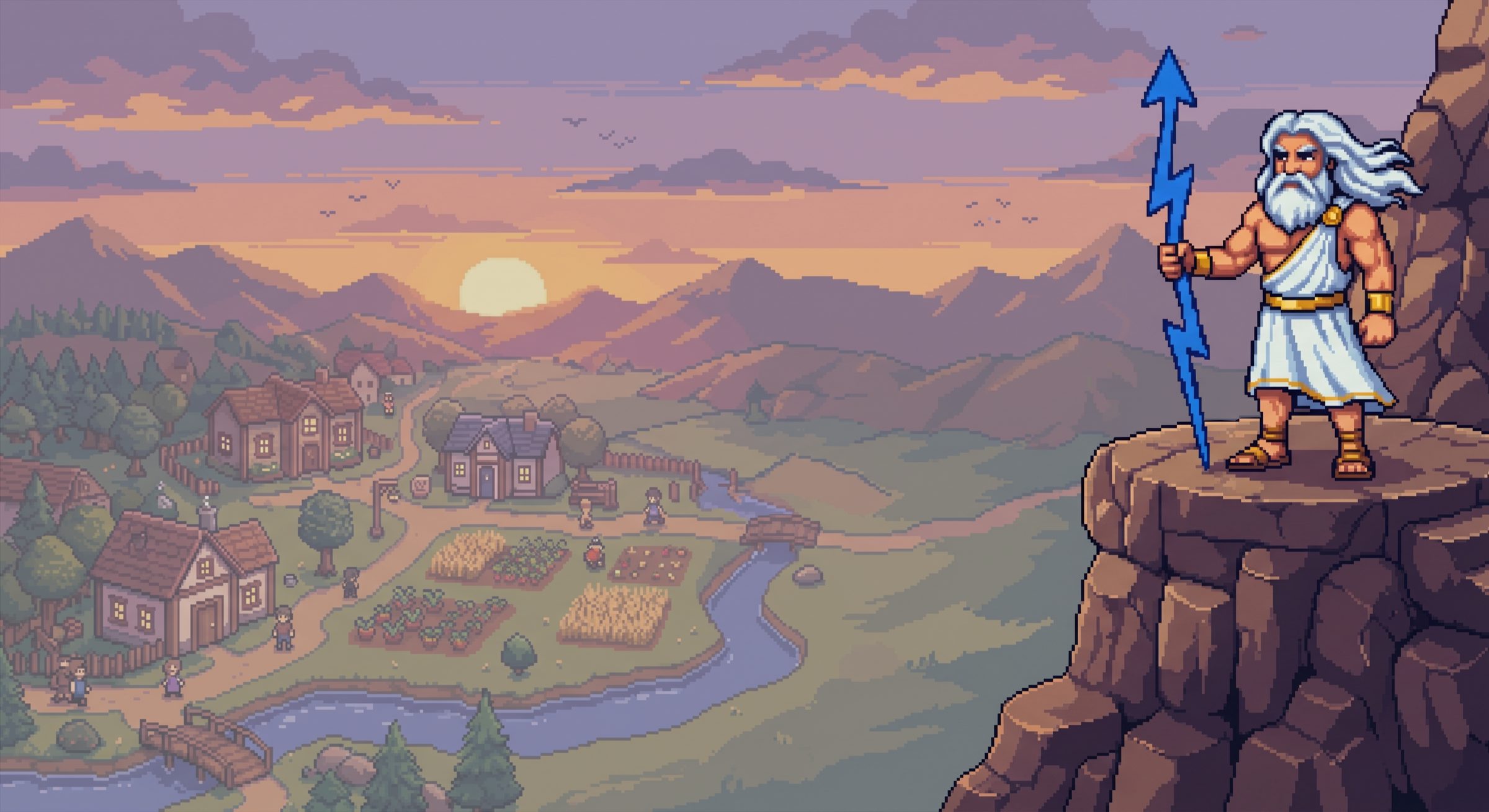 Pixel-art Zoos stands on a cliff at sunset, lightning bolt in hand, overlooking a busy farming village.