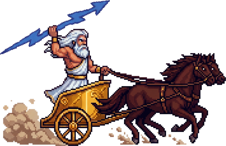 Zoos drives a golden chariot pulled by two horses, lightning bolt raised.