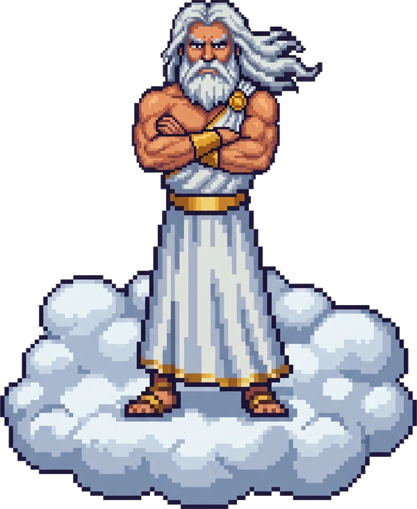 Zoos stands on a cloud with arms crossed, white hair blowing in the wind.